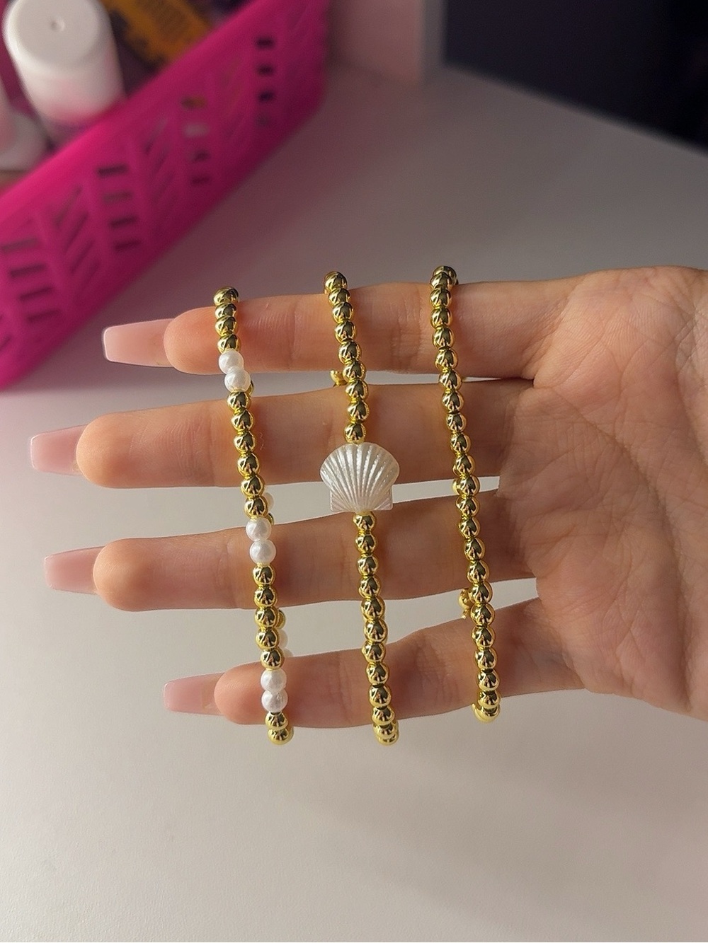 Gold Beaded Bracelet Set with Shell & Pearl Accents